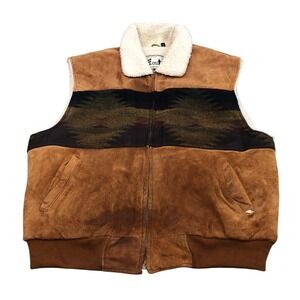 Vintage Excelled Vest Brown Suede Leather Southwestern Aztec L Shearling Lined